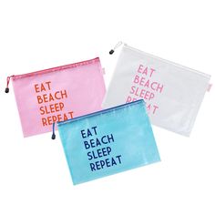 three bags with words on them that say eat beach sleep repeat