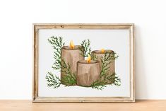 a painting of three candles surrounded by greenery on a wooden table next to a white wall