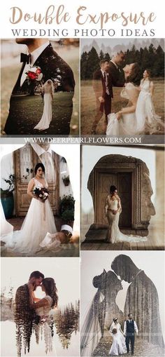 a collage of photos with the words double exposure wedding photo ideas written below it