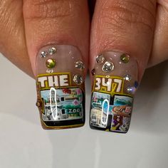 the nail art is decorated with pictures and beads on it's tips, which are accented with swaroes