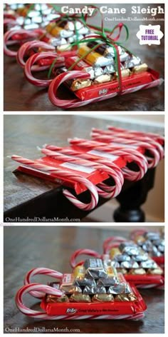 Here’s an adorable idea to make DIY candy sleighs for Christmas gift deliveryIt is really great for Christmas decor or for white elephant gift exchange. Candy Sleighs For Christmas, Candy Cane Sleighs, Candy Sleighs, Diy Candy Cane, Joululahjat Diy, Christmas Candy Crafts, Candy Sleigh, Candy Cane Sleigh, White Elephant Gift Exchange