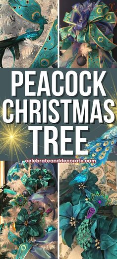 peacock christmas tree with blue and green decorations