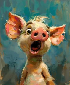 a painting of a pig with its mouth open and eyes wide open in front of a blue background