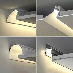 four different angles of a light fixture in a room with white walls and flooring