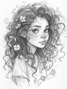 a drawing of a girl with flowers in her hair