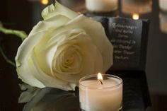 a white rose sitting on top of a table next to a candle