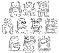 some cartoon monsters are drawn in black and white, with one on the left side