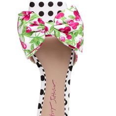 New In Box Betsy Johnson Cherry Flat Sandal Upper Satin Rubber Sole Synthetic Lining Bow Embellishment Square Toe Price Is Firm Fast Shipping White High Heel Sandals With Floral Print, White Sandals With Floral Print For Spring, White Floral Print High Heel Sandals, White Floral Print Sandals For Spring, Chic White Heels With Floral Print, Chic White Floral Print Heels, White Floral Print Heels For Summer, White Feminine Flat Heel Sandals, Casual White Heels With Floral Print