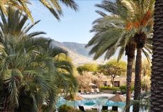 a pool surrounded by palm trees with mountains in the background