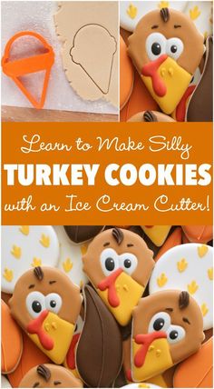 How to make cute Thanksgiving Turkey cookies with a simple ice cream cone cutter! Simple Ice Cream, Face Cookies, Kingdom Fanart, Turkey Face, Thanksgiving Cakes