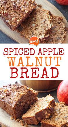 sliced apple walnut bread on a cutting board