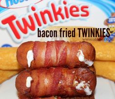 bacon fried twinkies on a white plate