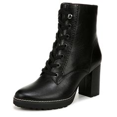 PRICES MAY VARY. Versatile lace-up women's ankle bootie with lug sole and block high heel Leather or suede upper with an almond toe, 3 1/2" block heel women's boots Contrast stitching, textured or solid collar with extra hooks at ankle for even more security Lug sole with non-slip outsole great for many occasions: date night, casual wear, business casual, wear to work, office shoes, travel, concerts and more Contour+ Comfort technology for a premium fit and all-day comfort experience available i Heeled Lace Up Boots, Business Casual Wear, Black Lace Up Boots, Lug Sole Boots, 2 Block, Office Shoes, Black Boots Women, Wear To Work, Casual Black