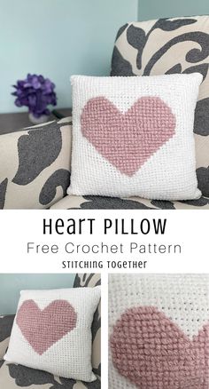 the heart pillow is crocheted in pink and white