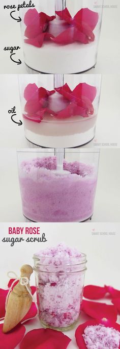 A simple DIY sugar scrub that you can make with the leftover petals from a bouquet of roses! Baby Rose Sugar Scrub #DIY #SugarScrub Rose Sugar Scrub, Joululahjat Diy, Diy Sugar Scrub, A Bouquet Of Roses, Săpunuri Handmade, Baby Rose, Sugar Scrub Recipe, Sugar Scrub Diy