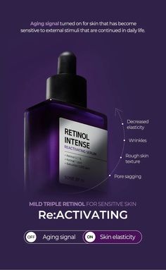 This serum is designed to reduce the signs of aging with its gentle formula for sensitive skin.  It contains retinol, retinal and bakuchiol which help to boost skin elasticity while minimizing irritation. Thanks to the patented Elastic-Liposome technology, it allows efficient delivery of active ingredients into the deeper layers of the skin.  This serum provides a non-sticky, hydrating finish. It passed the skin irritation test as well as the vegan test. Retinol Intense, Retinol Benefits, Wrinkle Remedies, Popular Skin Care Products, Green Tea Face, Skin Wrinkles, Some By Mi, Wrinkle Serum, Cosmetic Design