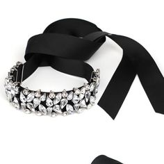 Crystal Ribbon Choker Necklace. This Is A Brand New Item And Has Never Been Worn. Silver Jewelry With Black Ribbon For Parties, Party Jewelry In Silver With Black Ribbon, Ribbon Choker Necklace, Ribbon Choker, Jewelry Crystal, New Item, Collar Necklace, Womens Jewelry Necklace, Black Silver