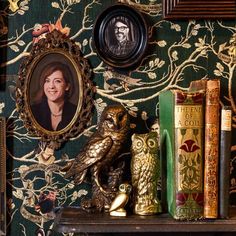 a shelf with books, an owl and two framed pictures on it's wall