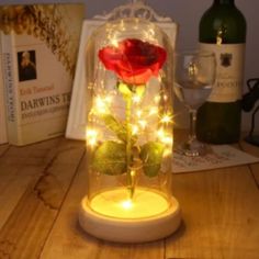 a red rose in a glass vase with fairy lights