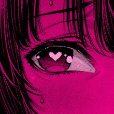 a close up of a person's face with pink eyes and hearts on it