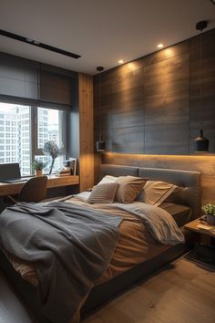 a large bed sitting next to a window in a room with wooden floors and walls