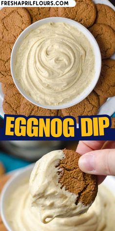 an eggnog dip in a white bowl with cookies on the side and text overlay that says eggnog dip