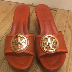 Dark Orange/Red Wedges. Size 8. Never Worn Orange Sandals With Cushioned Footbed And Round Toe, Designer Orange Sandals With Round Toe, Red Wedges, Dark Orange, Gold Orange, Tory Burch Miller Sandal, Shoes Color, Orange Gold, Womens Shoes Wedges