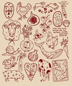 a drawing of farm animals and other things on a piece of paper that is drawn in red ink