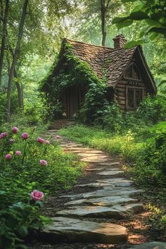 an old log cabin in the woods surrounded by flowers and greenery with stepping stone path leading to it