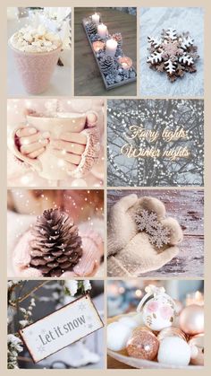 a collage of photos with snowflakes, candles and christmas decorations in them