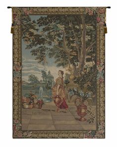 an old tapestry hanging on the wall in front of a tree and water fountain with two people