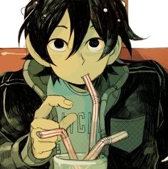 an anime character holding a drink with two straws in it's mouth and looking at the camera