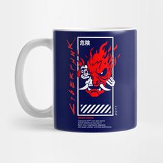 a blue mug with an image of a red demon on it's front and side