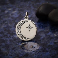 Sterling Silver Disk Charm with Nano gem Star and Moon 21 x 15 mm. Jump ring is included