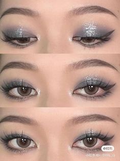 Blue Grey Eye Makeup, Blue Eye Makeup Asian, Blue And Silver Eyeshadow, Xhs Makeup, Glitter Eyeshadow Looks, Silver Eyeshadow Looks, Grey Eye Makeup, Concert Makeup, Grey Makeup