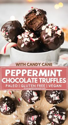 chocolate truffles with candy canes and peppermint on top in a bowl