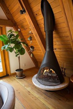 a living room with a wood burning stove in the corner and a potted plant next to it