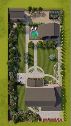 an aerial view of a house with a swimming pool