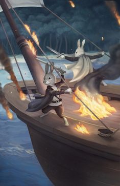 an animated character on a boat with fire coming out of it