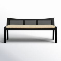 a black bench with a beige seat cushion on it's back and side panels