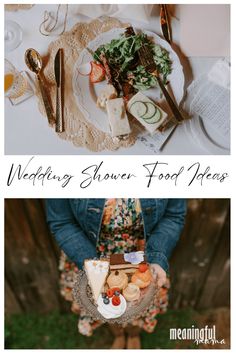 two photos with the words wedding shower food ideas on them and an image of a woman holding a plate full of food