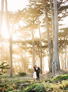 a bride and groom standing in front of some trees at sunset with the sun shining on them