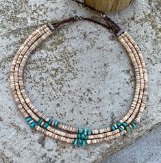 Adjustable Artisan Turquoise Necklace With Heishi Beads, Adjustable Artisan Turquoise Heishi Beads Necklace, Turquoise Jewelry With Round Wooden Beads, Adjustable Turquoise Necklace With Wooden Beads, Turquoise Heishi Beads Round Jewelry, Turquoise Heishi Beads Jewelry, Southwestern Turquoise Heishi Beads Jewelry, Artisan Turquoise Necklace With Wooden Beads, Turquoise Polished Heishi Beads Jewelry