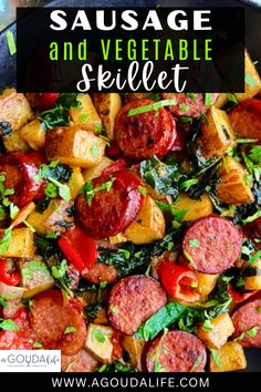 sausage and vegetable skillet with text overlay