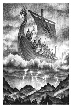 a drawing of a boat with people on it in the water and lightning behind it