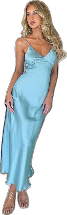 Elegant Light Blue V-neck Evening Dress, Light Blue V-neck Evening Dress For Party, Blue Spaghetti Strap Dress For Wedding, Elegant Bridesmaid Midi Dress, Elegant Sheath Maxi Dress, Elegant Midi Length Evening Dress For Prom, Elegant Solid Color Sheath Maxi Dress, Elegant Solid Sheath Maxi Dress, Elegant Solid Color Slip Dress For Night Out