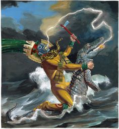 a painting of a man riding on the back of a sea monster with a spear