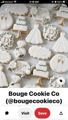 some cookies that have been decorated with wedding decorations and the words bouge cookie co on them