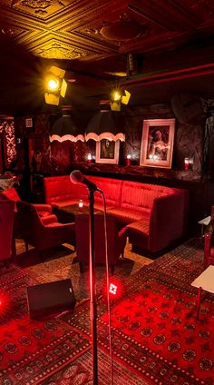 a room with red carpet, couches and microphone in the center is lit by lights