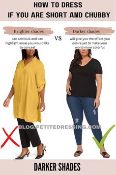 I’m 5’2″, and this is How to dress if you are Short and Chubby (the Comprehensive Guide) - Petite Dressing Obese Fashion, Short And Curvy Outfits, Style Your Clothes, Dress For Chubby Ladies, Chubby Girl Outfits, Petite Dressing, Belly Clothes, Dress For Chubby